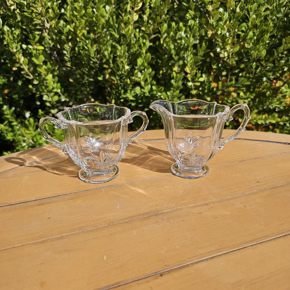 Vintage Fostoria Baroque Fleur De Lis Clear Glass Open Sugar and Creamer Set